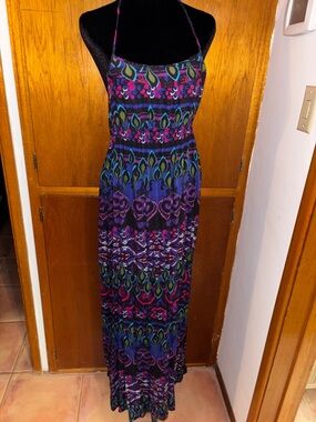 Maxi Sundress with Multicolor Teardrop Print - Navy/Purple SZ Med